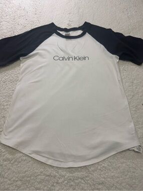 Calvin Klein White Tee with Black Raglan Sleeves and Center Logo